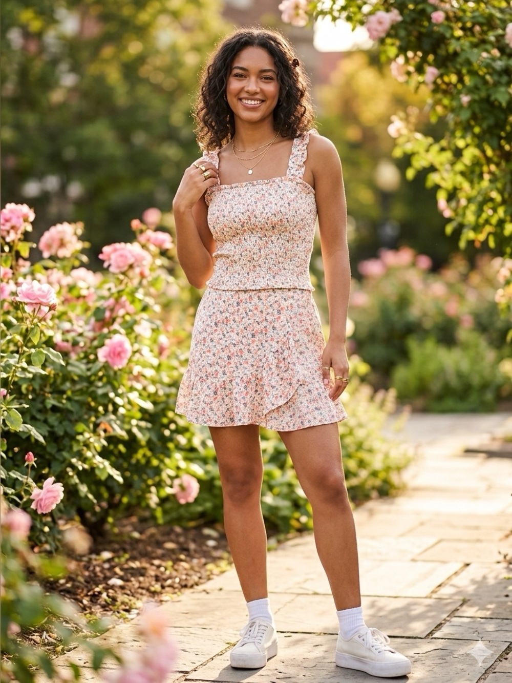 Abercrombie & Fitch Cream Floral Smocked Skirt Set with Pink & Orange Accents